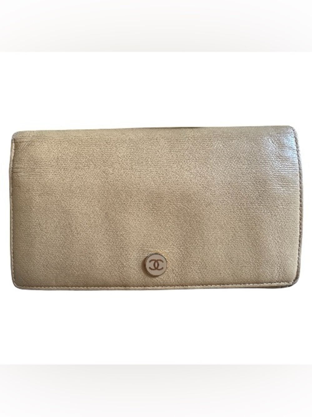 Chanel Long Bifold Wallet Beige Caviar Leather Vintage CC Logo